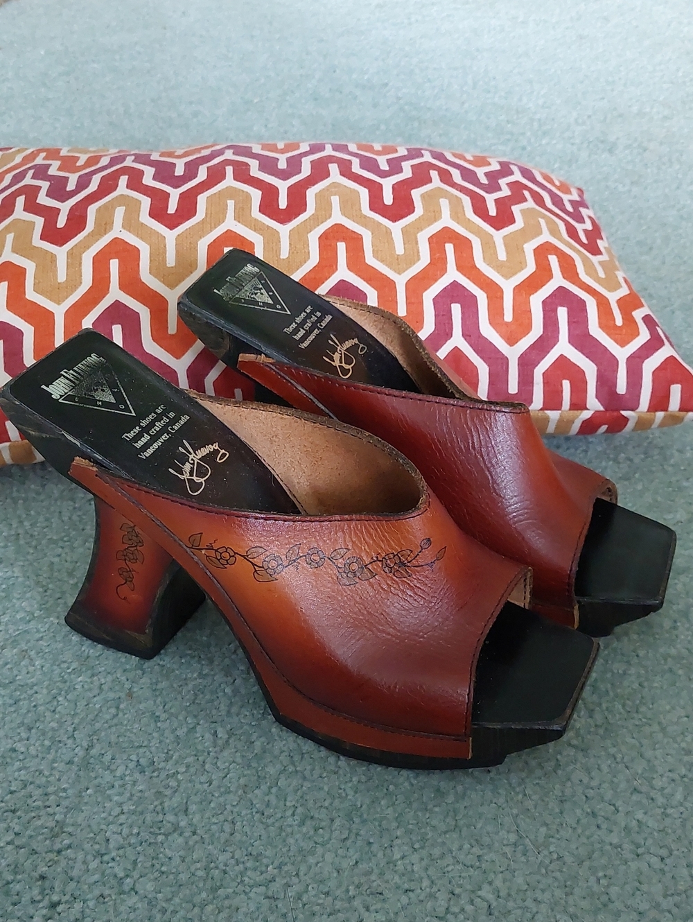 John Fluevog Cognac Brown Leather Open-Toe Heeled Mules